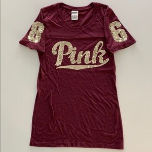 Victoria’s PINK ‘86 gold sequined burgundy t-shirt